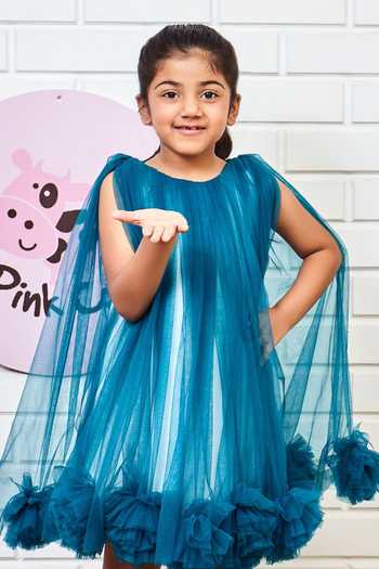 Pinkcow designs pvt ltd_Blue Tulle, Neoprene, Crepe Lined Dress _Online_at_Aza_Fashions