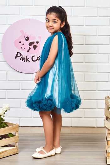 Shop_Pinkcow designs pvt ltd_Blue Tulle, Neoprene, Crepe Lined Dress _Online_at_Aza_Fashions