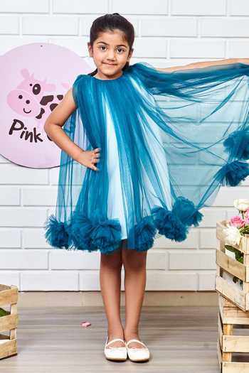 Pinkcow designs pvt ltd_Blue Tulle, Neoprene, Crepe Lined Dress _at_Aza_Fashions