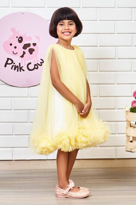Pinkcow designs pvt ltd Yellow Tulle, Neoprene, Crepe Sheer Layered Dress Online at Aza Fashions Pinkcow designs pvt ltd_Yellow Tulle, Neoprene, Crepe Sheer Layered Dress _Online_at_Aza_Fashions