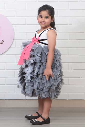 Shop_Pinkcow designs pvt ltd_Black Tulle, Velvet, Cotton Bows, Fabric Flowers Ruffle Embellished Dress _Online_at_Aza_Fashions