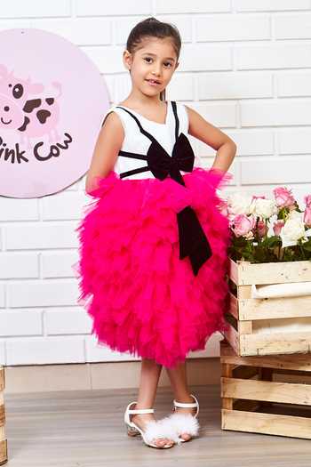 Pinkcow designs pvt ltd Black Tulle, Velvet, Cotton Bows Layered Ruffle Dress Online at Aza Fashions Pinkcow designs pvt ltd_Black Tulle, Velvet, Cotton Bows Layered Ruffle Dress _Online_at_Aza_Fashions
