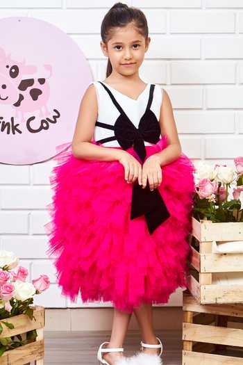 Buy Pinkcow designs pvt ltd Black Tulle, Velvet, Cotton Bows Layered Ruffle Dress Online at Aza Fashions Buy_Pinkcow designs pvt ltd_Black Tulle, Velvet, Cotton Bows Layered Ruffle Dress _Online_at_Aza_Fashions
