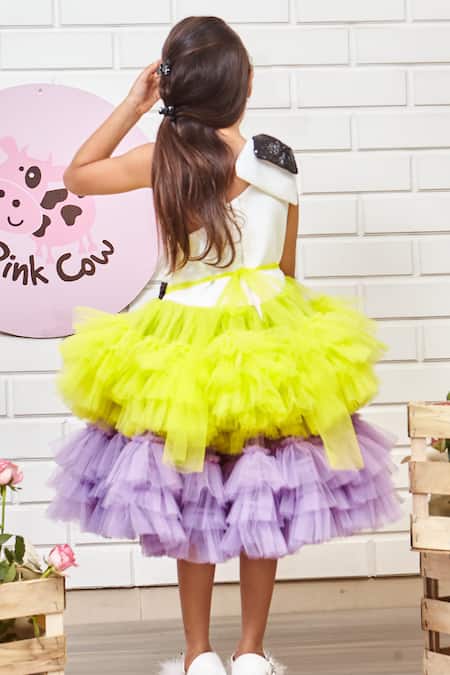 Shop Pinkcow designs pvt ltd White Tulle, Neoprene, Cotton Sequins One Shoulder Ruffled Layered Dress at Aza Fashions Shop_Pinkcow designs pvt ltd_White Tulle, Neoprene, Cotton Sequins One Shoulder Ruffled Layered Dress _at_Aza_Fashions