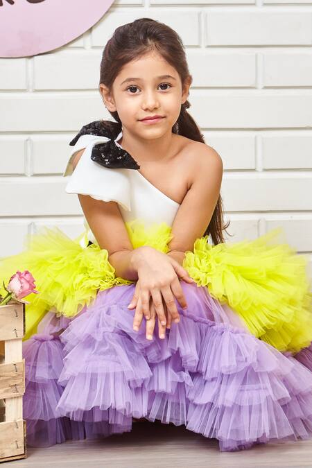 Pinkcow designs pvt ltd White Tulle, Neoprene, Cotton Sequins One Shoulder Ruffled Layered Dress Online at Aza Fashions Pinkcow designs pvt ltd_White Tulle, Neoprene, Cotton Sequins One Shoulder Ruffled Layered Dress _Online_at_Aza_Fashions