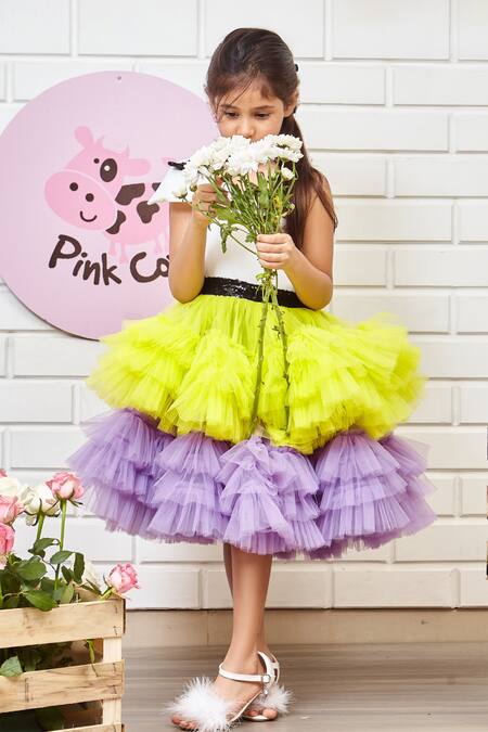 Shop Pinkcow designs pvt ltd White Tulle, Neoprene, Cotton Sequins One Shoulder Ruffled Layered Dress Online at Aza Fashions Shop_Pinkcow designs pvt ltd_White Tulle, Neoprene, Cotton Sequins One Shoulder Ruffled Layered Dress _Online_at_Aza_Fashions