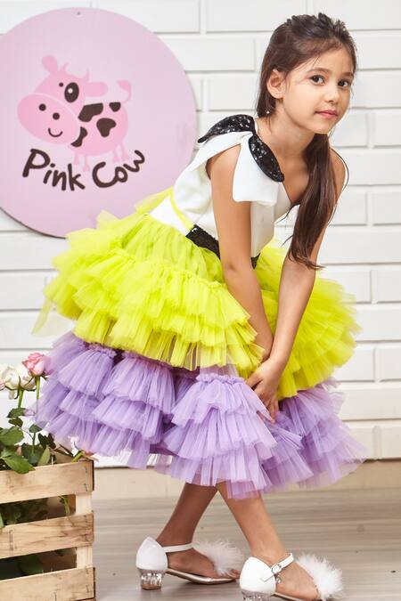 Pinkcow designs pvt ltd White Tulle, Neoprene, Cotton Sequins One Shoulder Ruffled Layered Dress at Aza Fashions Pinkcow designs pvt ltd_White Tulle, Neoprene, Cotton Sequins One Shoulder Ruffled Layered Dress _at_Aza_Fashions