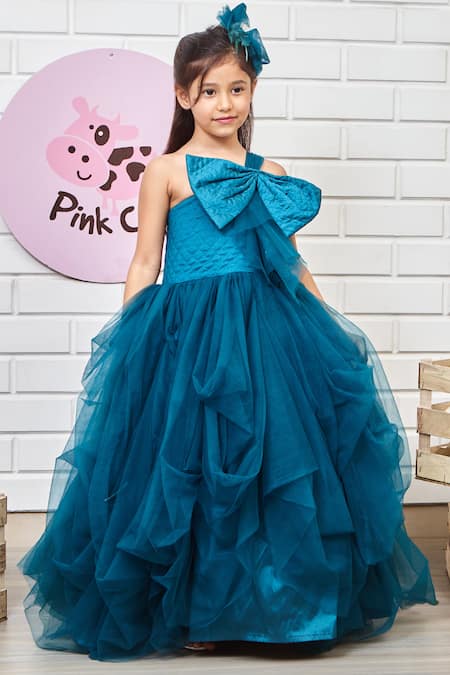 Pinkcow designs pvt ltd Blue Taffeta Solid Flared One-shoulder Gown For Girls