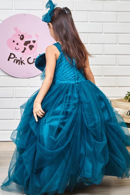Shop Pinkcow designs pvt ltd Blue Taffeta, Net, Canvas, Cotton Solid Flared One-shoulder Gown at Aza Fashions Shop_Pinkcow designs pvt ltd_Blue Taffeta, Net, Canvas, Cotton Solid Flared One-shoulder Gown _at_Aza_Fashions