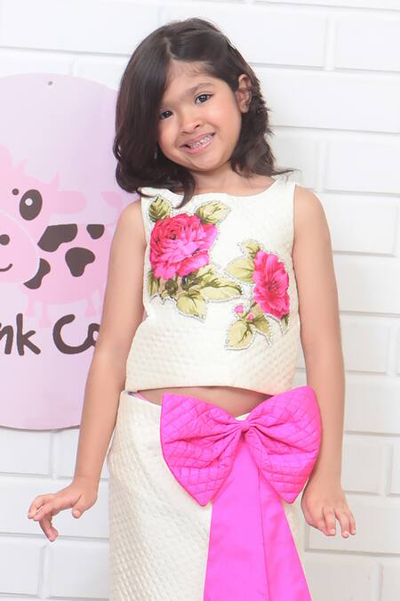 Pinkcow designs pvt ltd_Cream Taffeta, Spandex Embroidery Floral Top And Skirt Set _Online_at_Aza_Fashions