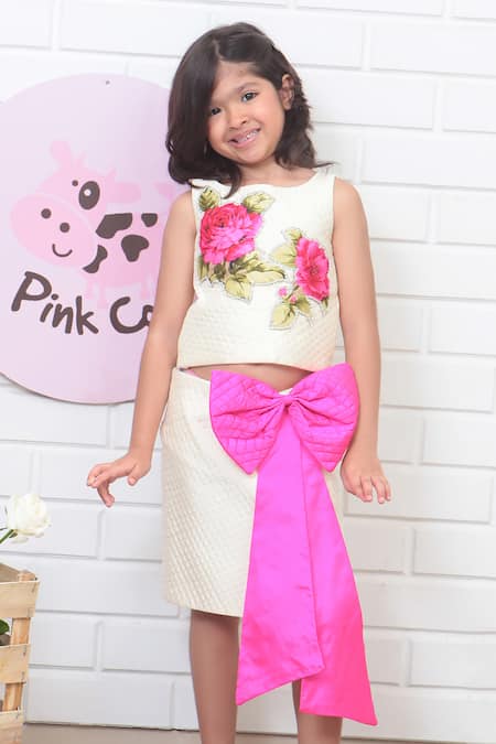 Buy_Pinkcow designs pvt ltd_Cream Taffeta, Spandex Embroidery Floral Top And Skirt Set _Online_at_Aza_Fashions