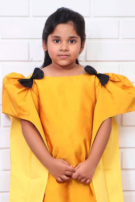 Pinkcow designs pvt ltd_Yellow Taffeta, Crepe Bows Solid Structured Sleeve Dress _Online_at_Aza_Fashions