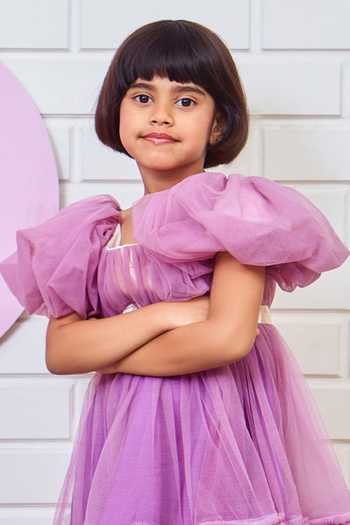 Buy_Pinkcow designs pvt ltd_Purple Net, Cotton, Crepe Sequins Solid Puffed Sleeve Dress _Online_at_Aza_Fashions