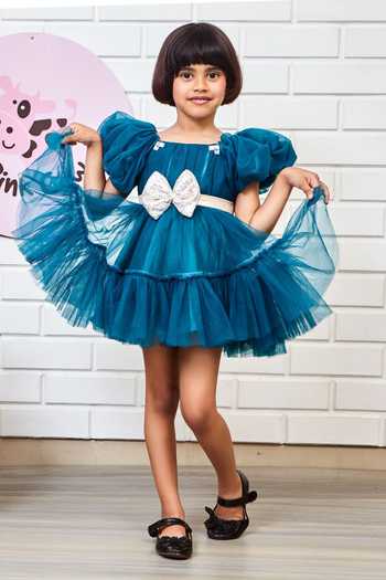 Pinkcow designs pvt ltd_Blue Net, Cotton Sequins Solid Puffed Sleeve Dress _Online_at_Aza_Fashions