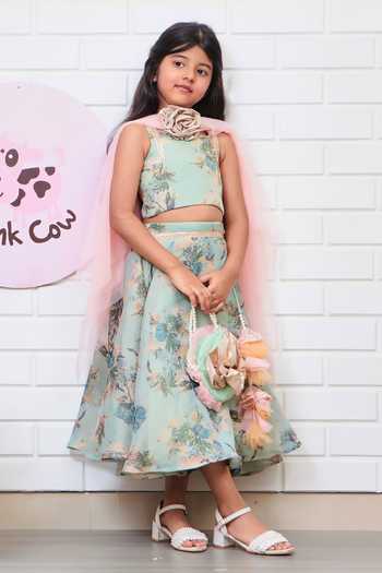 Buy Pinkcow designs pvt ltd Green Silk, Net, Cotton Embroidery, Botanic Floral Print Lehenga Blouse Set at Aza Fashions Buy_Pinkcow designs pvt ltd_Green Silk, Net, Cotton Embroidery, Botanic Floral Print Lehenga Blouse Set_at_Aza_Fashions