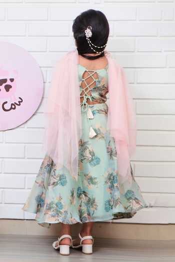 Shop Pinkcow designs pvt ltd Green Silk, Net, Cotton Embroidery, Botanic Floral Print Lehenga Blouse Set at Aza Fashions Shop_Pinkcow designs pvt ltd_Green Silk, Net, Cotton Embroidery, Botanic Floral Print Lehenga Blouse Set_at_Aza_Fashions