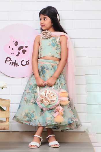 Pinkcow designs pvt ltd Green Silk, Net, Cotton Embroidery, Botanic Floral Print Lehenga Blouse Set Online at Aza Fashions Pinkcow designs pvt ltd_Green Silk, Net, Cotton Embroidery, Botanic Floral Print Lehenga Blouse Set_Online_at_Aza_Fashions