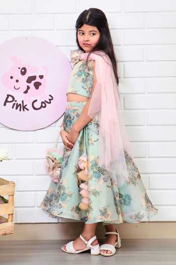 Shop Pinkcow designs pvt ltd Green Silk, Net, Cotton Embroidery, Botanic Floral Print Lehenga Blouse Set Online at Aza Fashions Shop_Pinkcow designs pvt ltd_Green Silk, Net, Cotton Embroidery, Botanic Floral Print Lehenga Blouse Set_Online_at_Aza_Fashions