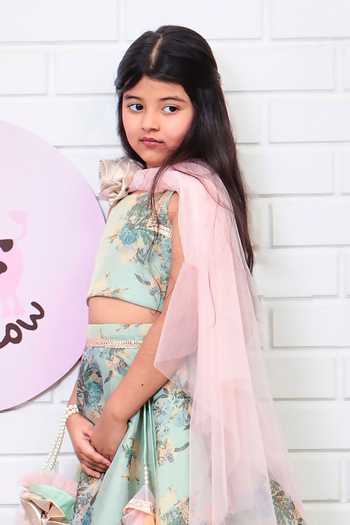 Pinkcow designs pvt ltd Green Silk, Net, Cotton Embroidery, Botanic Floral Print Lehenga Blouse Set at Aza Fashions Pinkcow designs pvt ltd_Green Silk, Net, Cotton Embroidery, Botanic Floral Print Lehenga Blouse Set_at_Aza_Fashions