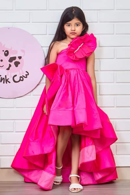 Pinkcow designs pvt ltd Pink Taffeta Solid Silk Frilled One-shoulder Gown 