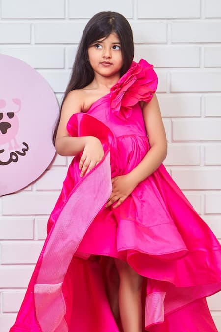 Pinkcow designs pvt ltd_Pink Silk, Crepe, Taffeta Frilled One-shoulder Gown _Online_at_Aza_Fashions
