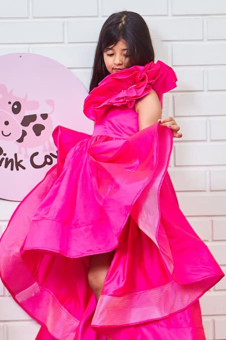 Buy_Pinkcow designs pvt ltd_Pink Silk, Crepe, Taffeta Frilled One-shoulder Gown _Online_at_Aza_Fashions