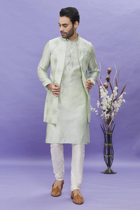 Arihant Rai Sinha_Green Silk Embroidery Thread Long Bundi _Online_at_Aza_Fashions