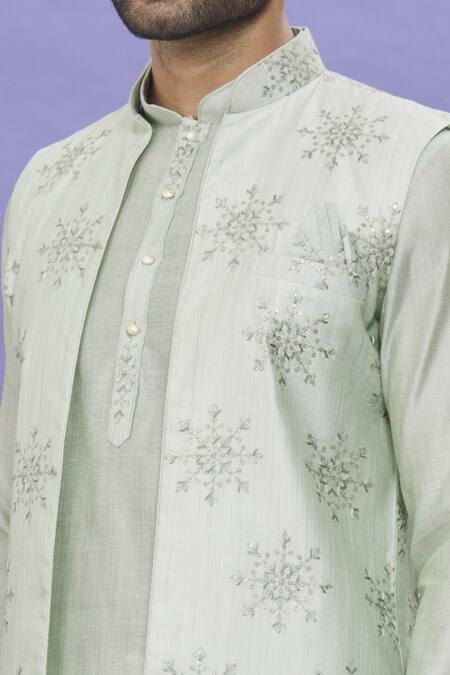 Buy_Arihant Rai Sinha_Green Silk Embroidery Thread Long Bundi _Online_at_Aza_Fashions