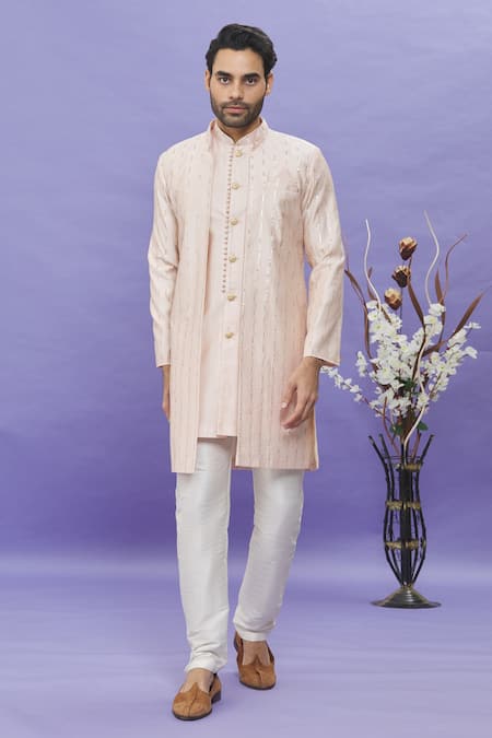 Arihant Rai Sinha Peach Silk Embroidery Thread Long Bundi Online at Aza Fashions Arihant Rai Sinha_Peach Silk Embroidery Thread Long Bundi _Online_at_Aza_Fashions