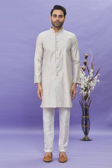 Arihant Rai Sinha_Gray Silk Embroidery Thread Bundi Kurta Set_Online_at_Aza_Fashions