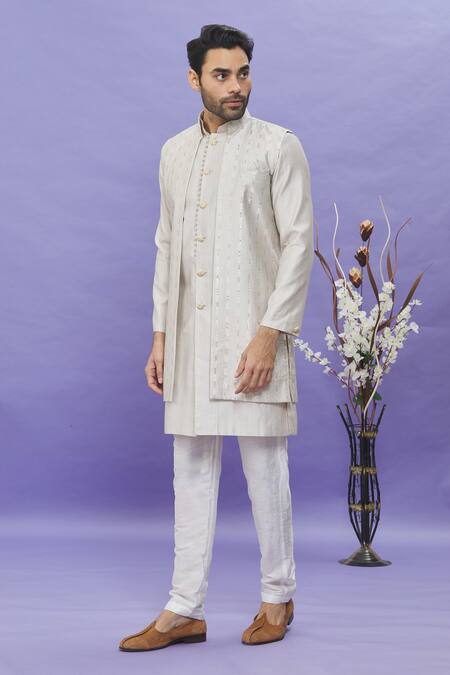 Buy_Arihant Rai Sinha_Gray Silk Embroidery Thread Bundi Kurta Set_Online_at_Aza_Fashions