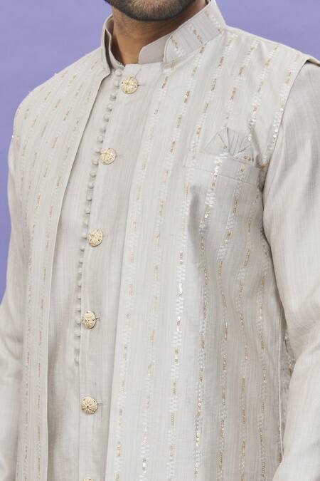 Shop_Arihant Rai Sinha_Gray Silk Embroidery Thread Bundi Kurta Set_Online_at_Aza_Fashions
