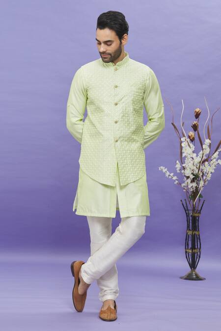 Arihant Rai Sinha_Green Silk Embroidery Pista Long Bundi _Online_at_Aza_Fashions