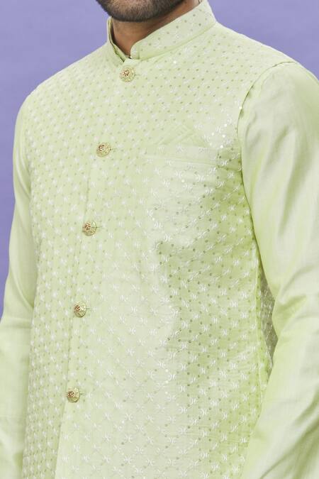 Buy_Arihant Rai Sinha_Green Silk Embroidery Pista Long Bundi _Online_at_Aza_Fashions