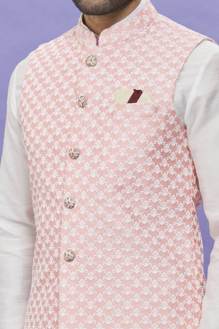 Buy_Arihant Rai Sinha_Peach Silk Embroidery Floral Thread Bundi _Online_at_Aza_Fashions