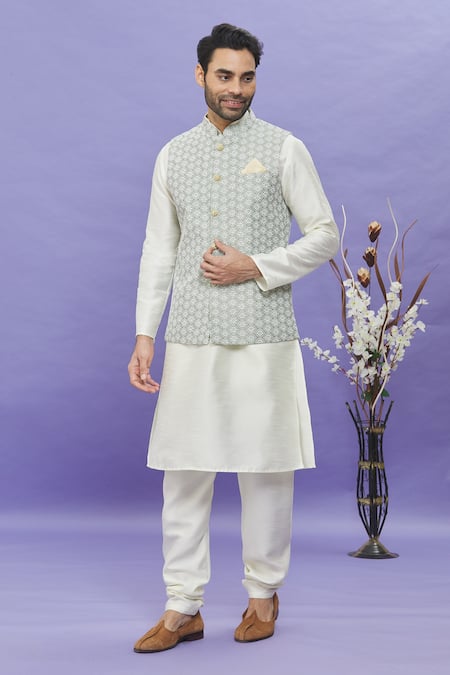 Arihant Rai Sinha_Green Silk Embroidery Geometric Thread Work Bundi _Online_at_Aza_Fashions