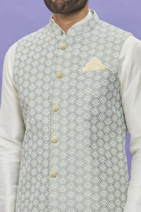 Buy_Arihant Rai Sinha_Green Silk Embroidery Geometric Thread Work Bundi _Online_at_Aza_Fashions