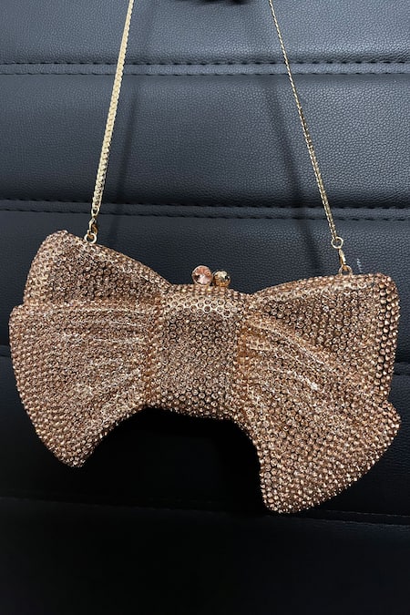 Buy Gold Embellished Crystal Studded Bow Shaped Clutch by House of