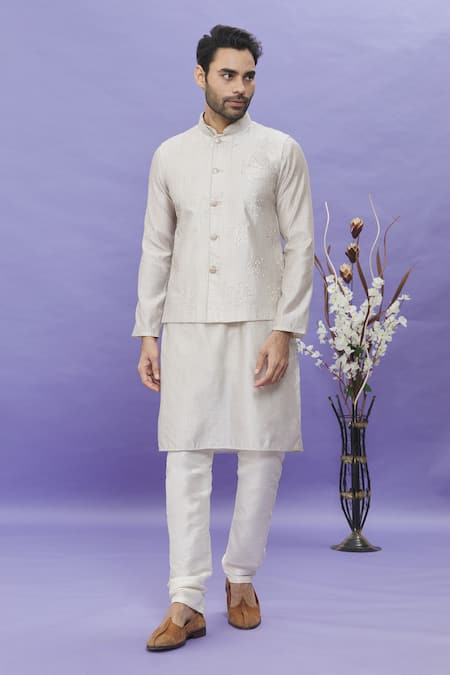 Arihant Rai Sinha_Gray Silk Embroidery Floral Thread Bundi _Online_at_Aza_Fashions