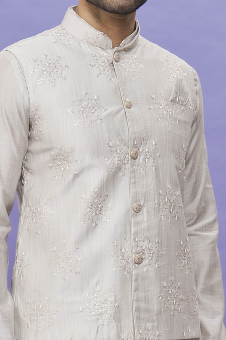 Buy_Arihant Rai Sinha_Gray Silk Embroidery Floral Thread Bundi _Online_at_Aza_Fashions
