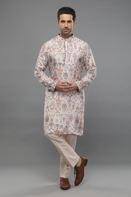 Buy Cream Muslin Plain Ikat Design Kurta With Pant For Men by Para ...