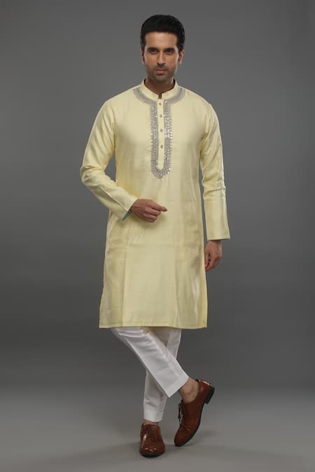 Para Yellow Jacquard Plain Sequins Embroidered Placket Kurta With Pant 