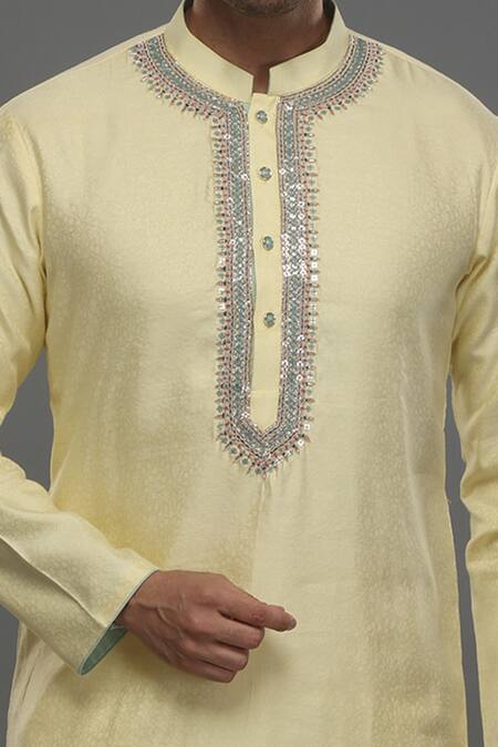 Para_Yellow Jacquard, Spandex, Silk Sequins Embroidered Placket Kurta With Pant_Online_at_Aza_Fashions