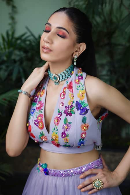 Amit Sachdeva_Purple Organza, Georgette, Satin Embroidery, Floral Bloom Work Top With Skirt _Online_at_Aza_Fashions