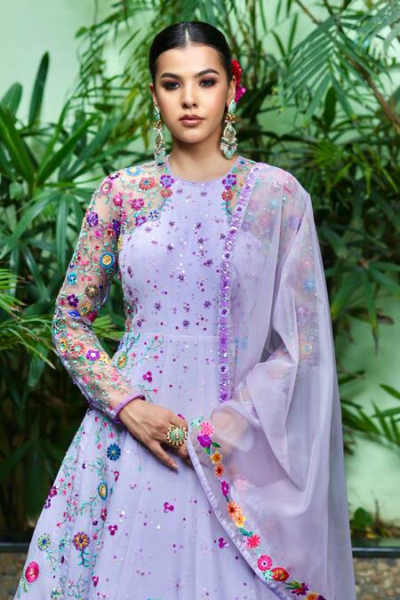 Amit Sachdeva_Purple Organza, Crepe Embroidery, Sequins Round Floral Anarkali With Dupatta _Online_at_Aza_Fashions