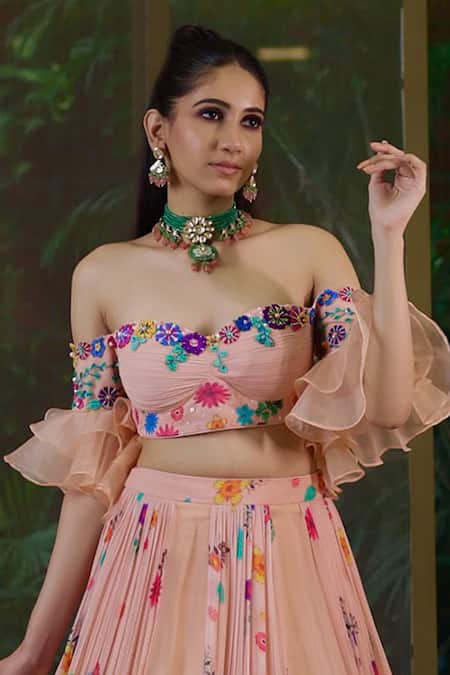 Amit Sachdeva_Peach Organza, Georgette Embroidery, Sequins Floral Off Shoulder Top With Skirt _Online_at_Aza_Fashions