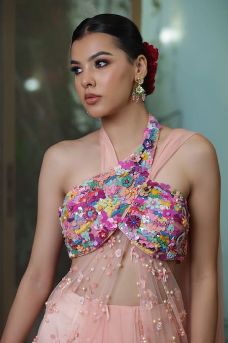 Amit Sachdeva_Peach Organza, Satin Sequins Halter Neck Pre-draped Work Saree With Blouse _Online_at_Aza_Fashions