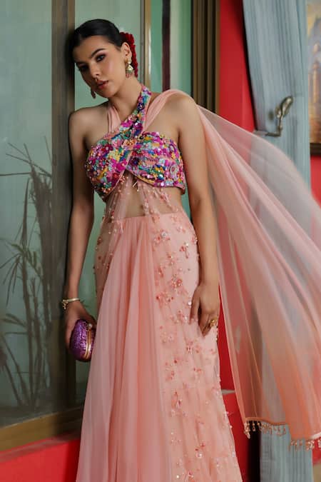 Buy_Amit Sachdeva_Peach Organza, Satin Sequins Halter Neck Pre-draped Work Saree With Blouse _Online_at_Aza_Fashions