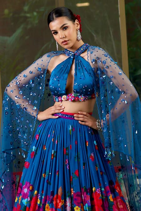 Amit Sachdeva_Blue Georgette, Net, Crepe Embroidery, Sequins Floral Bloom Print Skirt With Top _Online_at_Aza_Fashions