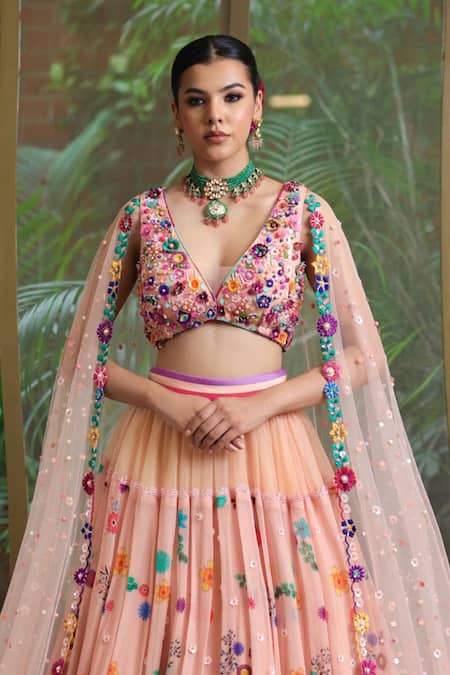 Amit Sachdeva_Peach Georgette, Net, Crepe, Organza Flower Bloom Work Skirt With Top _Online_at_Aza_Fashions